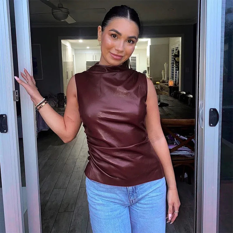 Damen Ärmelloses Leder-Top in Bordeaux mit Taillierter Passform – Nila