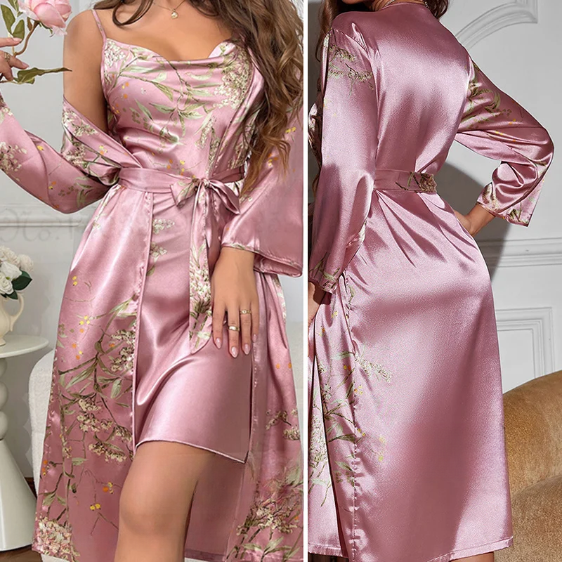 Zweiteiliges Satin-Nachthemd & Kimono-Set mit Blumenprint – Noelle