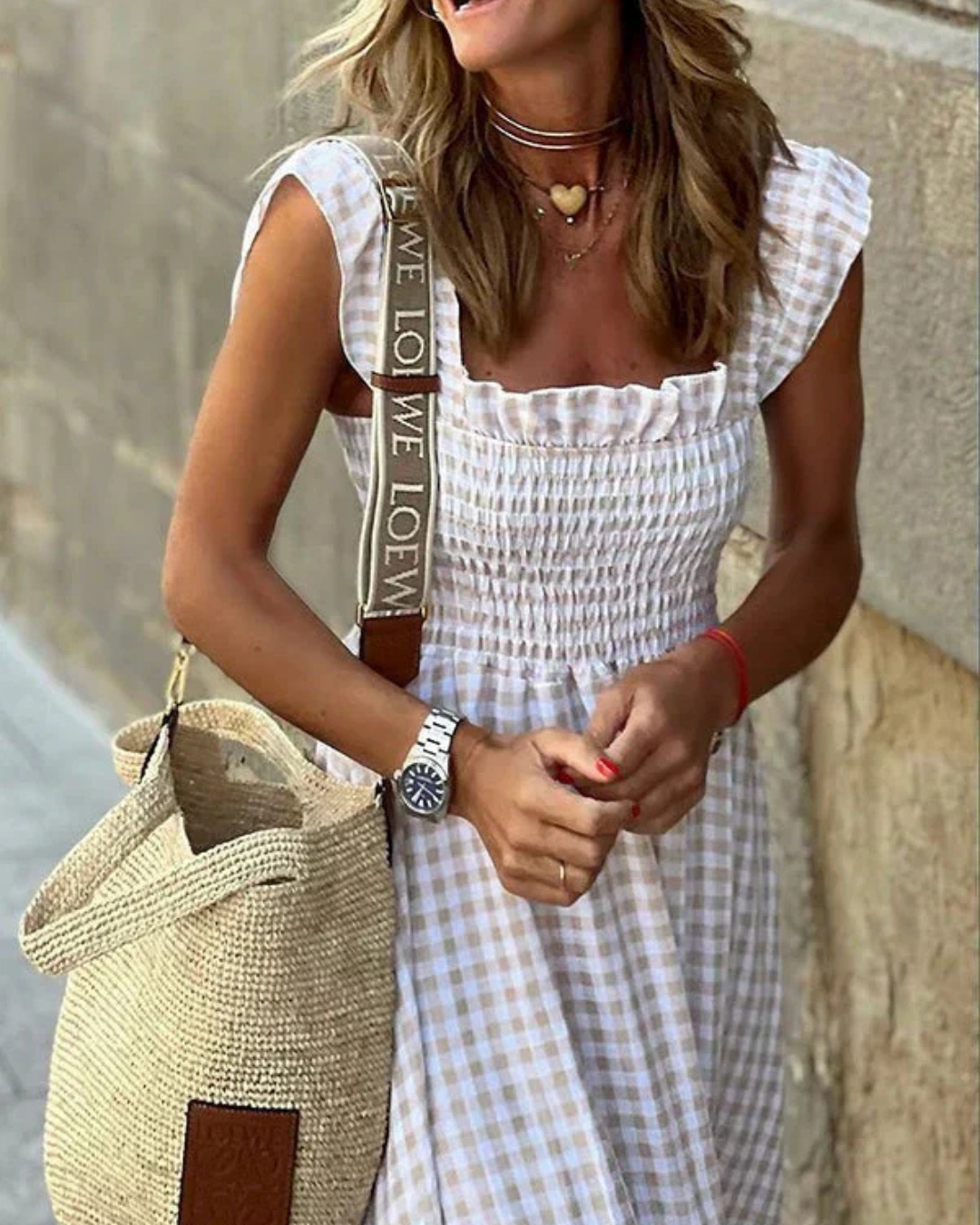 Mathilda – Gekreppte Maxi-Sommerkleid mit Karomuster