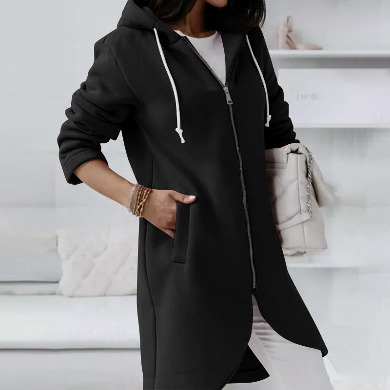 WW | Langer Bequemer Kapuzenpulli Mit Reißverschluss Für Damen
