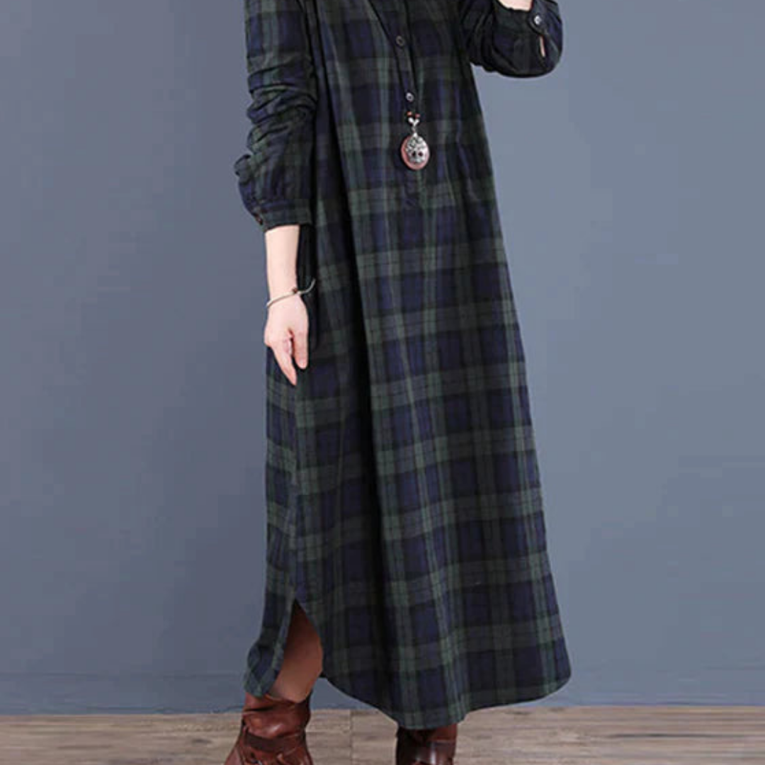 Langärmliges Kariertes Hemdkleid Für Damen | Midi