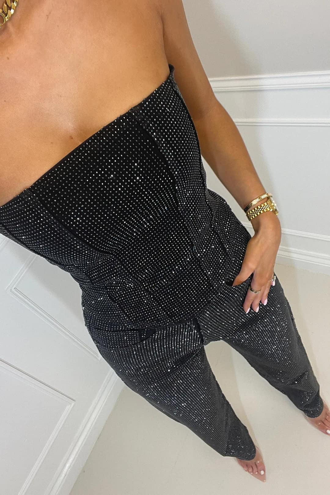 Glitzerndes Damen Hosenset mit High-Waist-Jeans – Liora