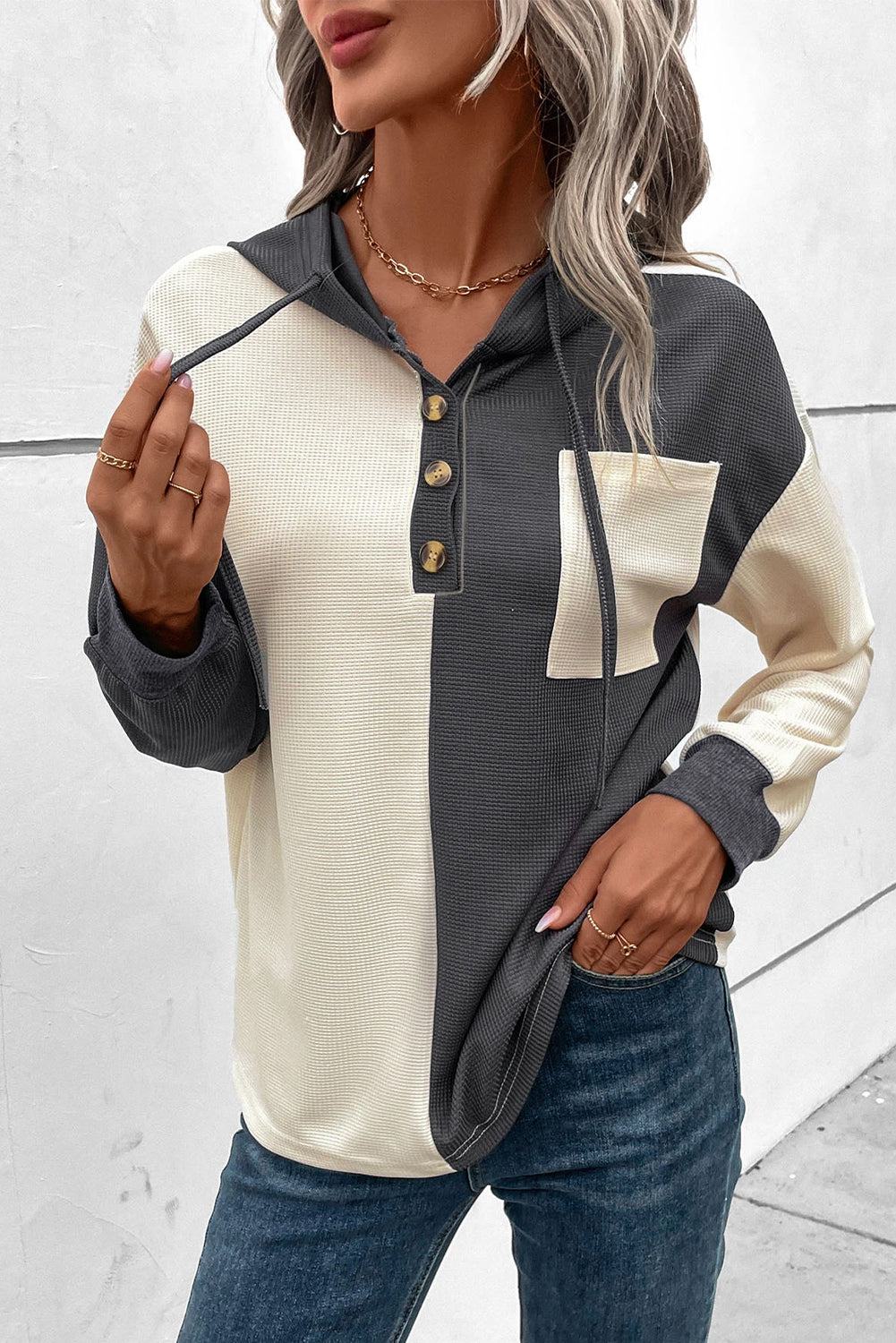 WW | Waffel-Hoodie Mit Knopfleiste Für Frauen