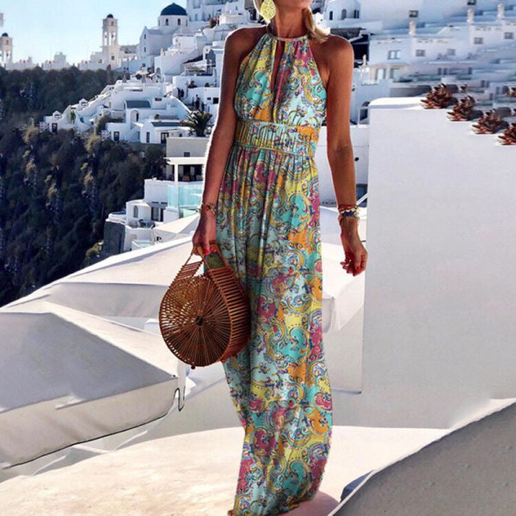 Damen Boho Maxikleid – Ärmelloses Sommerkleid mit Paisley-Muster und hoher Taille