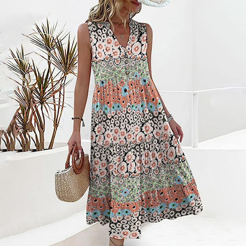 Ärmelloses Kleid Mit V- Ausschnitt Und Blumendruck Für Damen | Midi