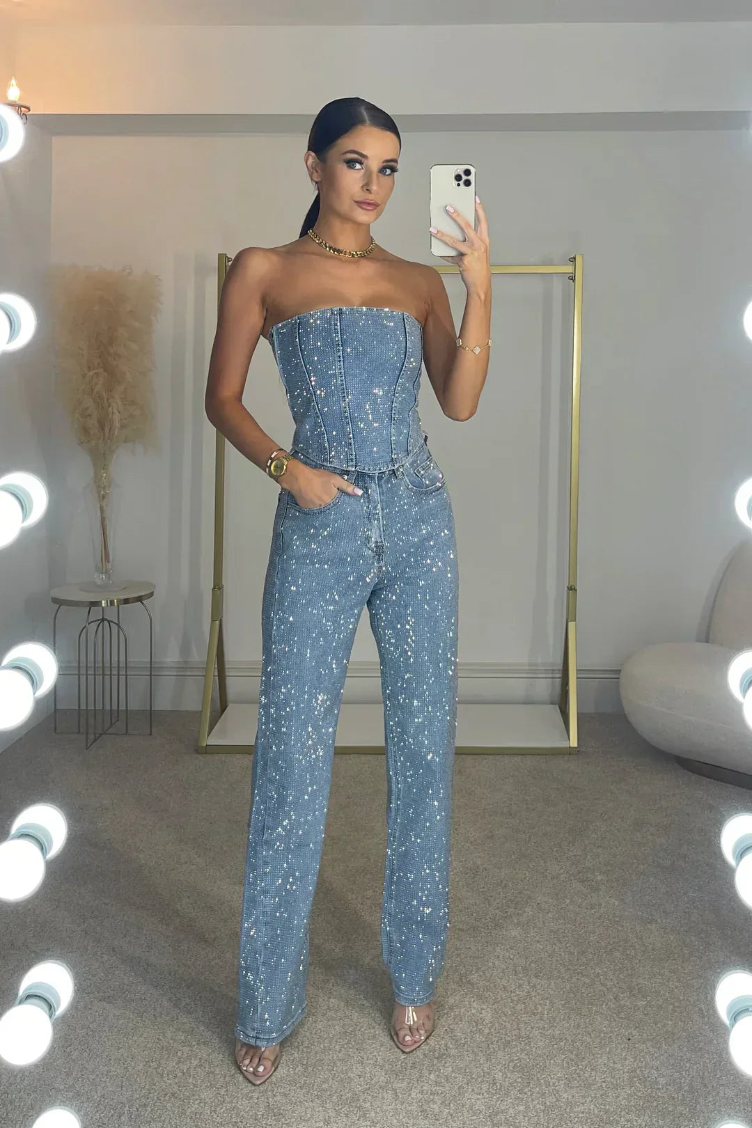 Glitzerndes Damen Hosenset mit High-Waist-Jeans – Liora