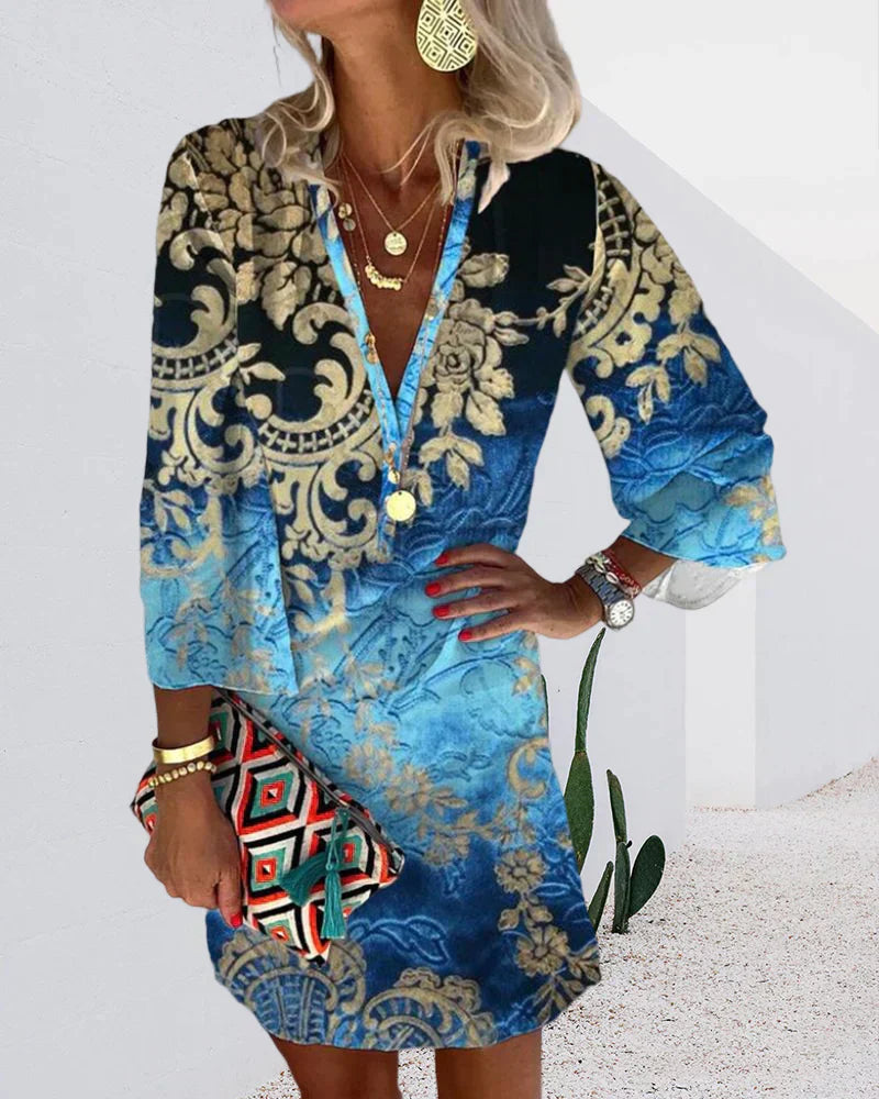 Damen Sommerkleid Mit Langen Ärmeln Und V Ausschnitt | Mini