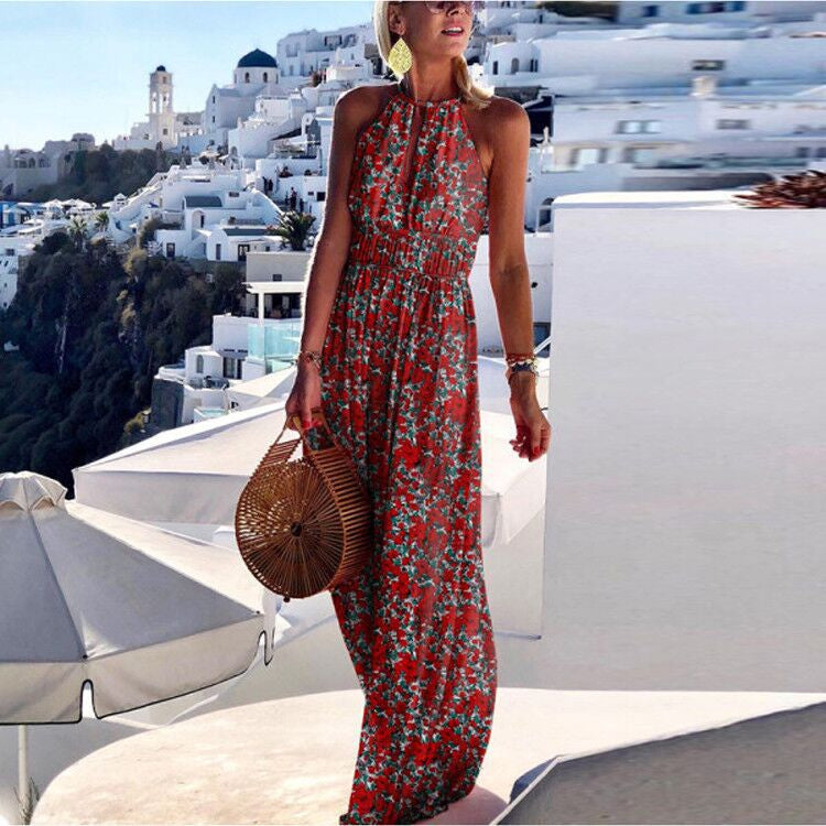 Damen Boho Maxikleid – Ärmelloses Sommerkleid mit Paisley-Muster und hoher Taille