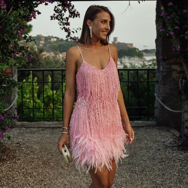 Ärmelloses Damen Minikleid mit Federn für den Sommer