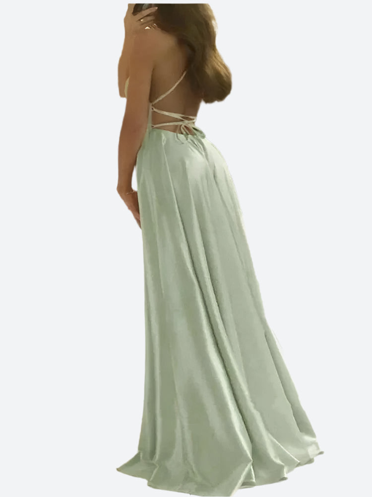 Damen Elegantes Rückenfreies Maxikleid – Fließendes Abendkleid mit Schnürdetails