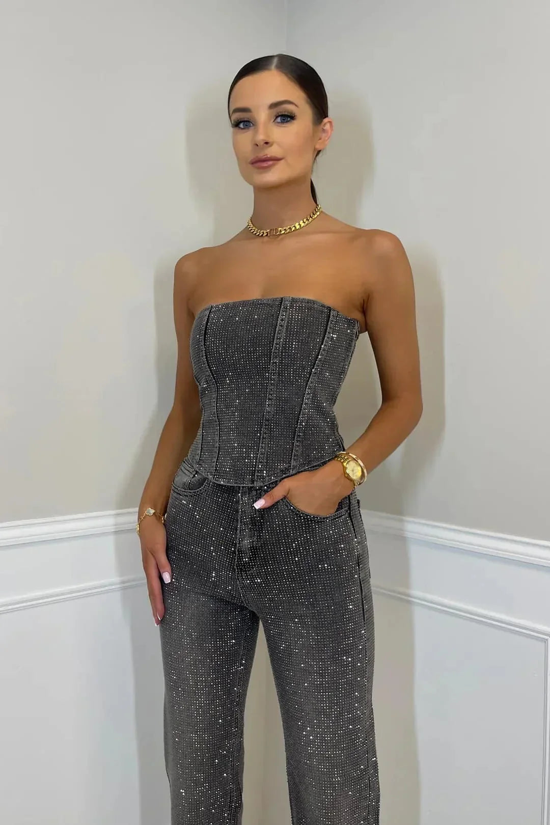 Glitzerndes Damen Hosenset mit High-Waist-Jeans – Liora