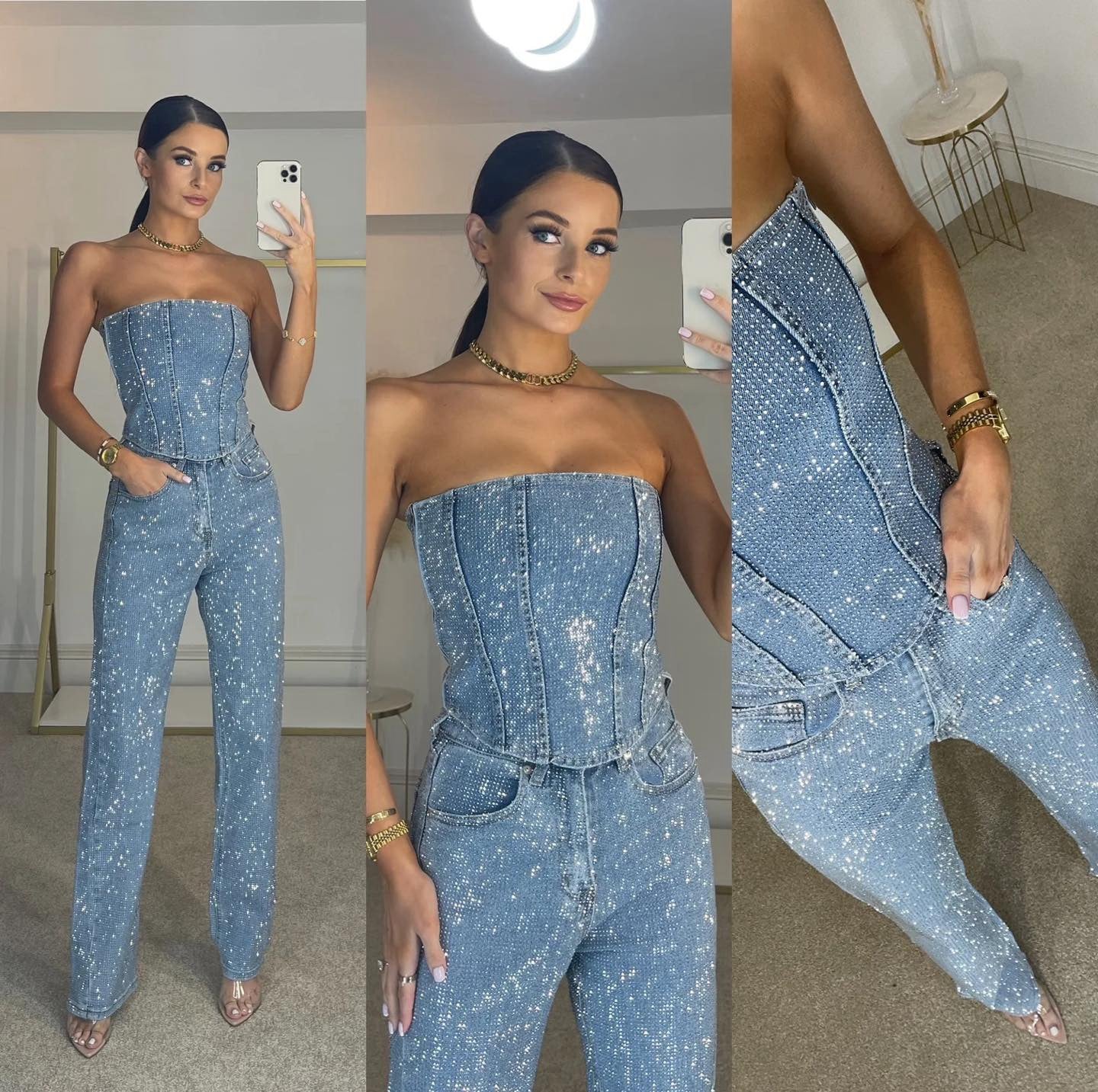 Glitzerndes Damen Hosenset mit High-Waist-Jeans – Liora