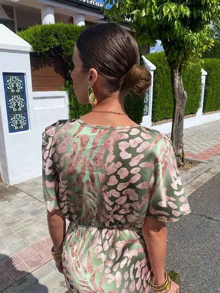 Damen Midikleid mit kurzen Ärmeln und Grafikmuster für den Sommer