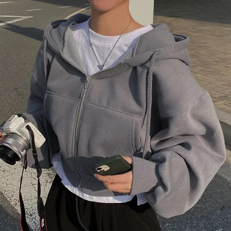 WW | Cropped Hoodie Übergroßer Kapuzenpullover mit Reißverschluss für Frauen