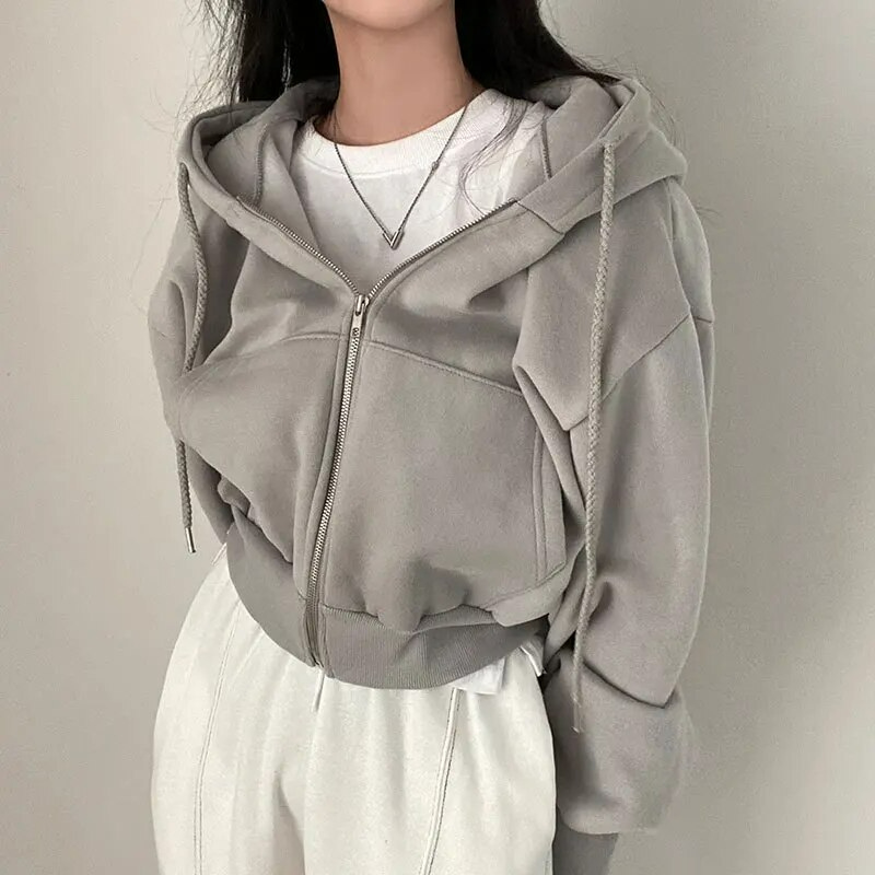 WW | Cropped Hoodie Übergroßer Kapuzenpullover mit Reißverschluss für Frauen