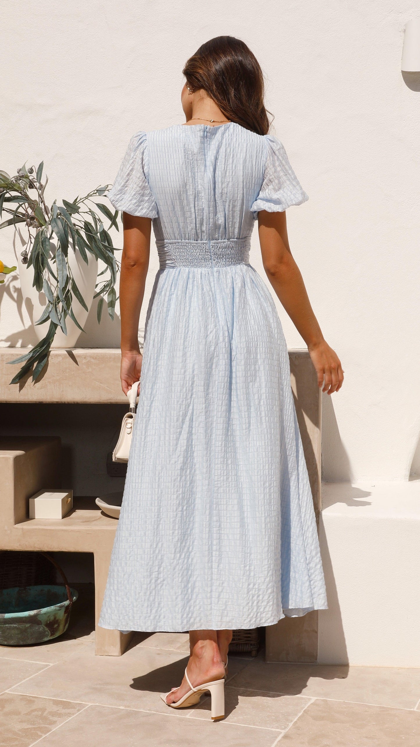 Damen V-Ausschnitt Midikleid mit Puffärmeln für den Sommer