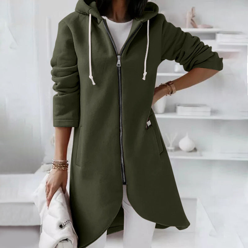 WW | Langer Bequemer Kapuzenpulli Mit Reißverschluss Für Damen