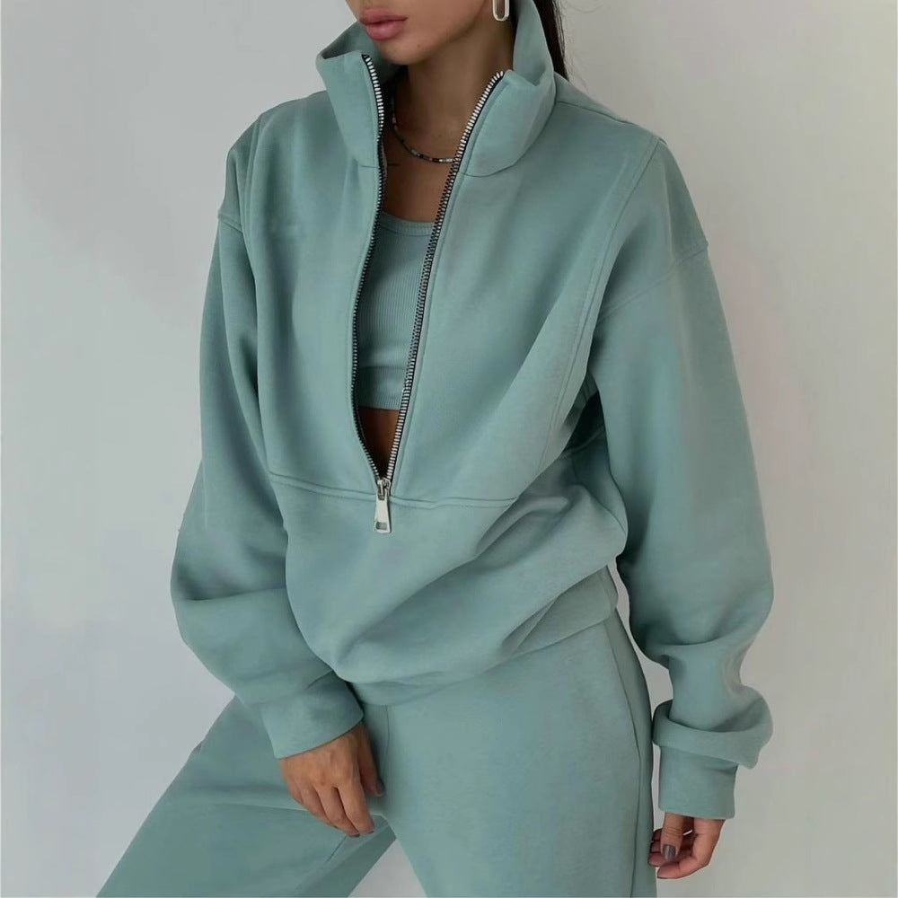 Damen lässiger Oversized-Hoodie und Jogginghose Set mit praktischem Reißverschluss WW