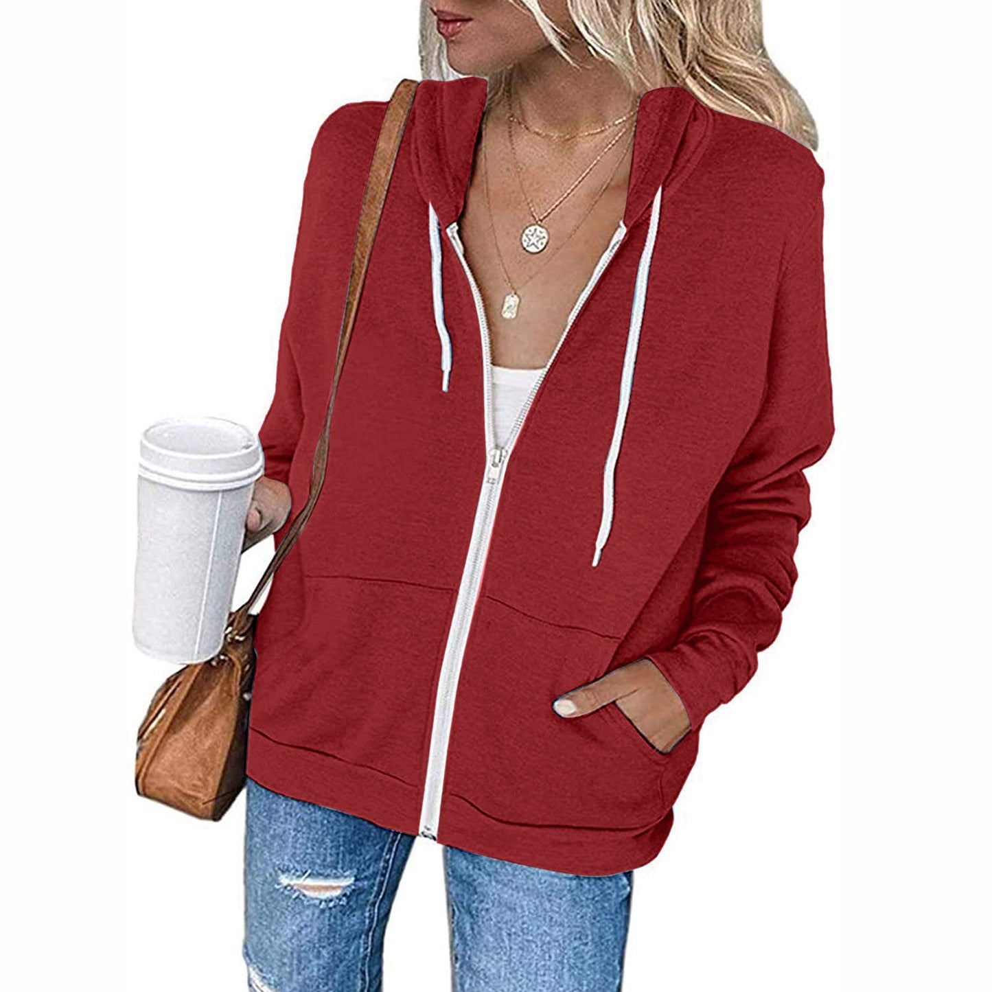Damen lässiger Kapuzenpullover mit durchgehendem Reißverschluss und praktischen Taschen WW