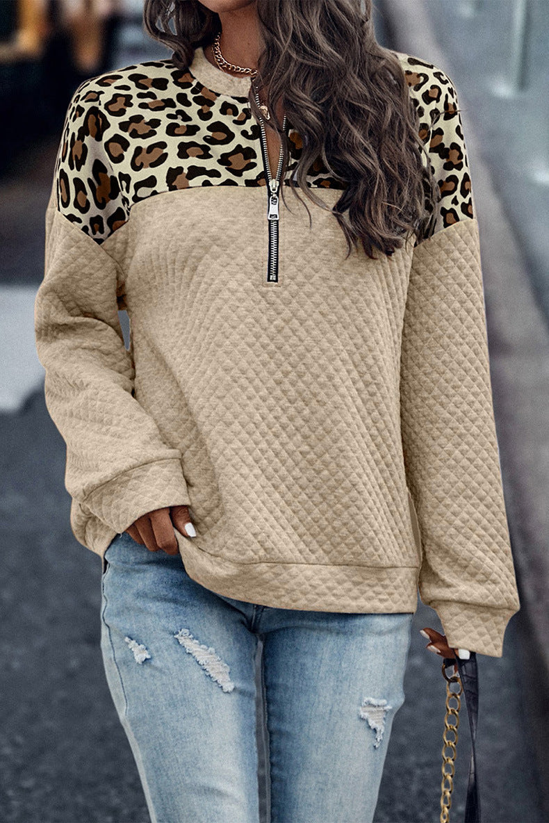 WW Leopardenmuster Patchwork Reißverschluss Pullover Sweatshirt