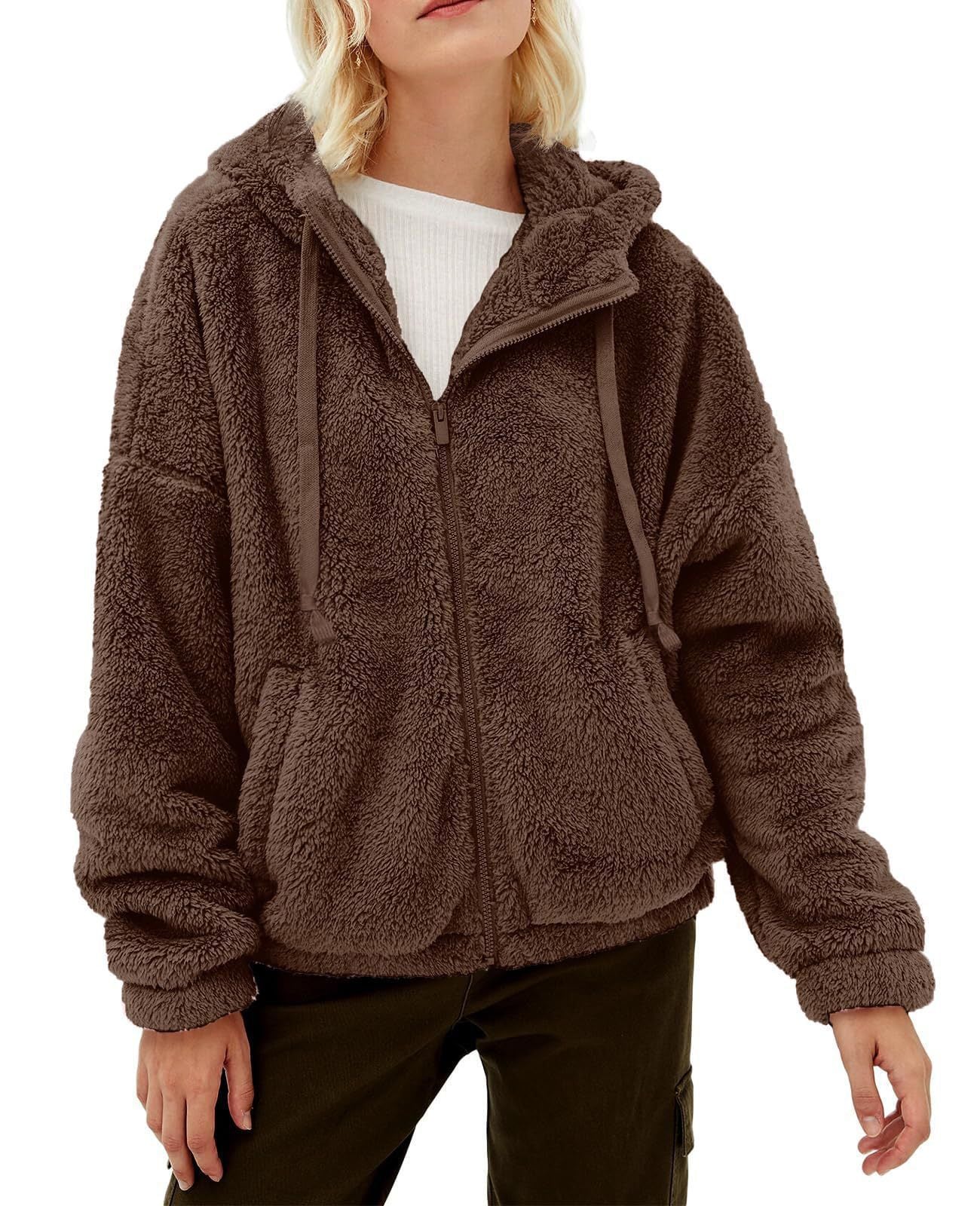 Damen Flauschige Kapuzenjacke mit praktischen Taschen und Reisverschluss WW
