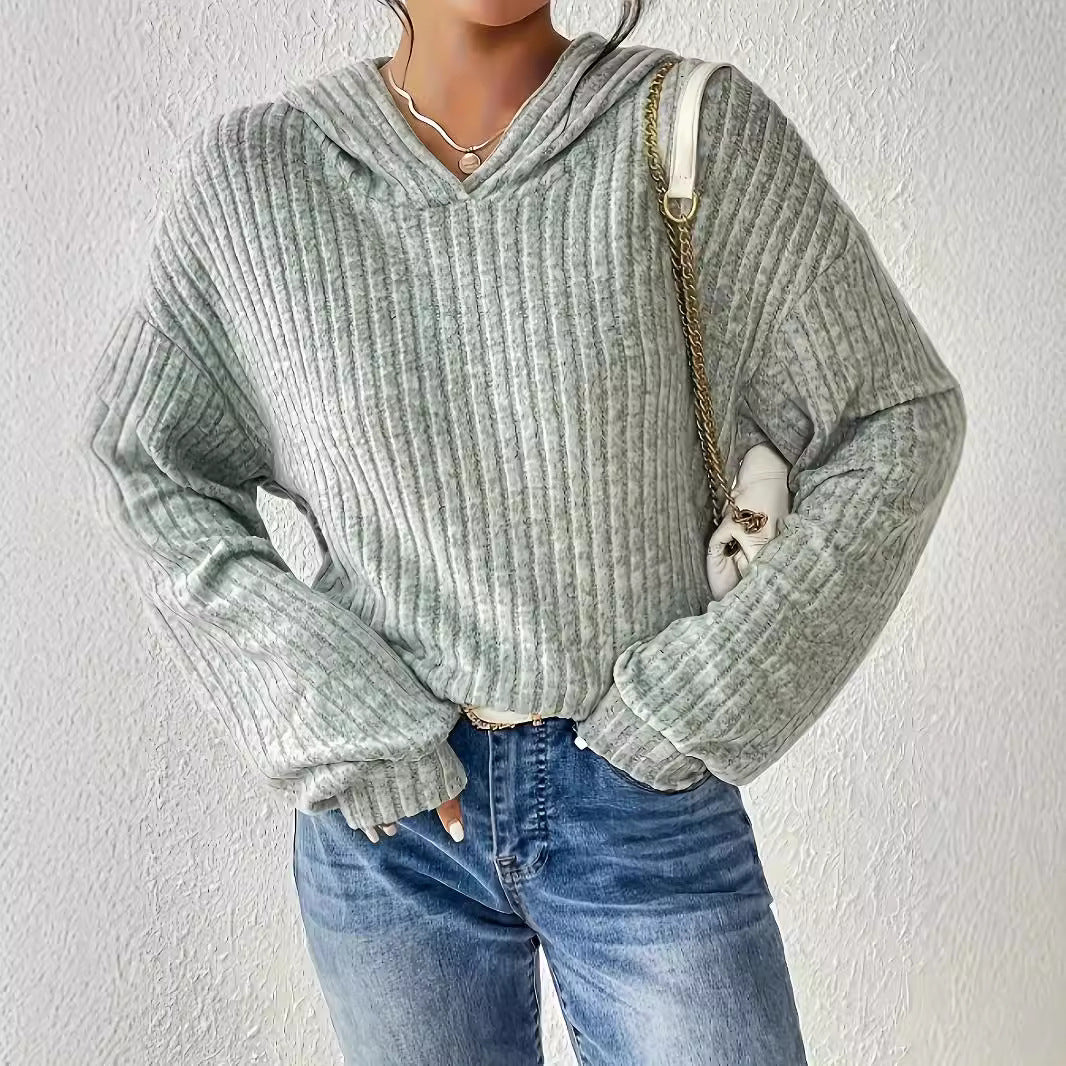 Damen lässiger Kapuzenpullover mit stilvollem Rippmuster und überschnittenen Ärmeln WW