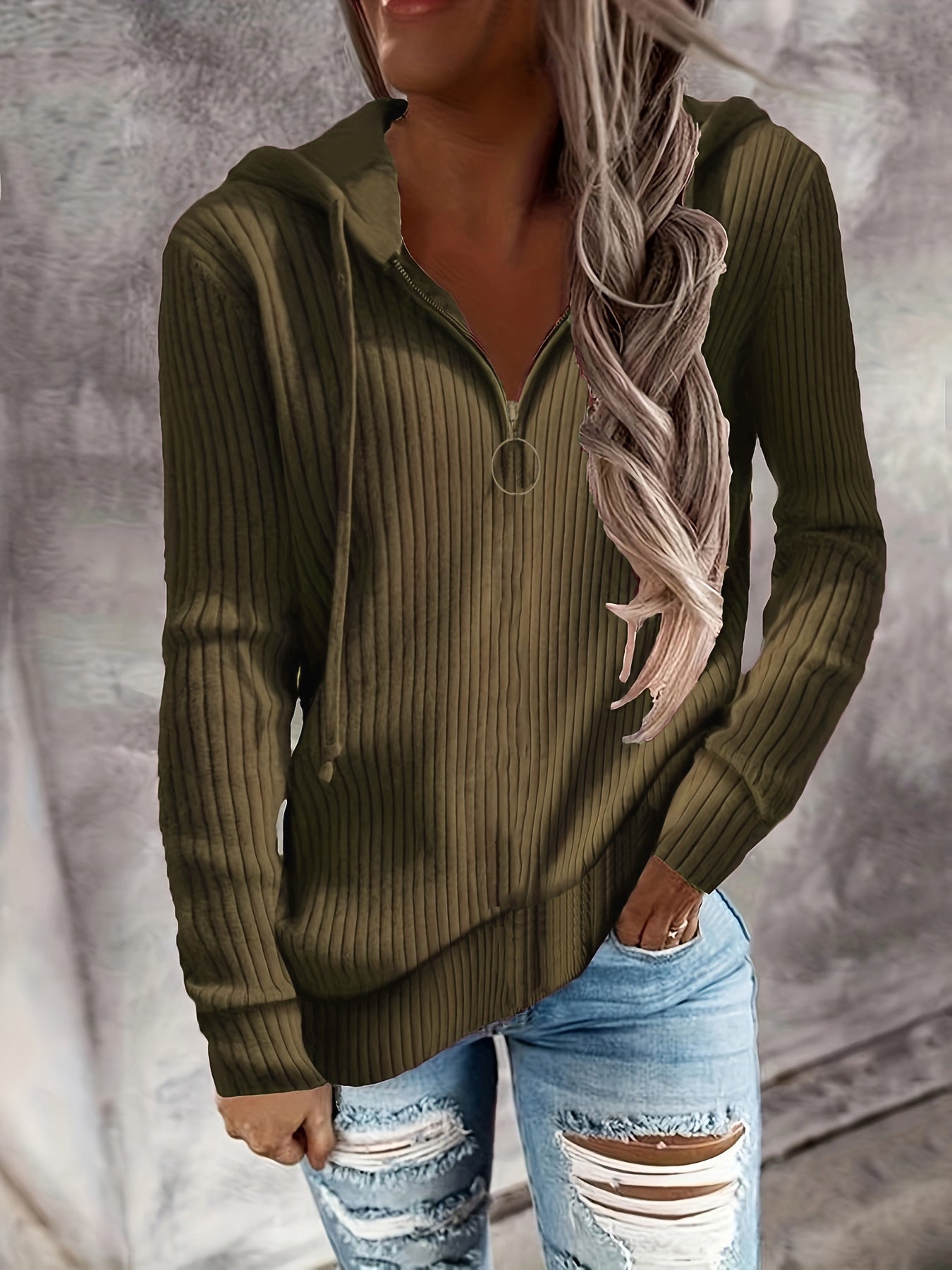 Damen Kapuzenpullover im eleganten Rippdesign mit praktischem Reißverschluss WW