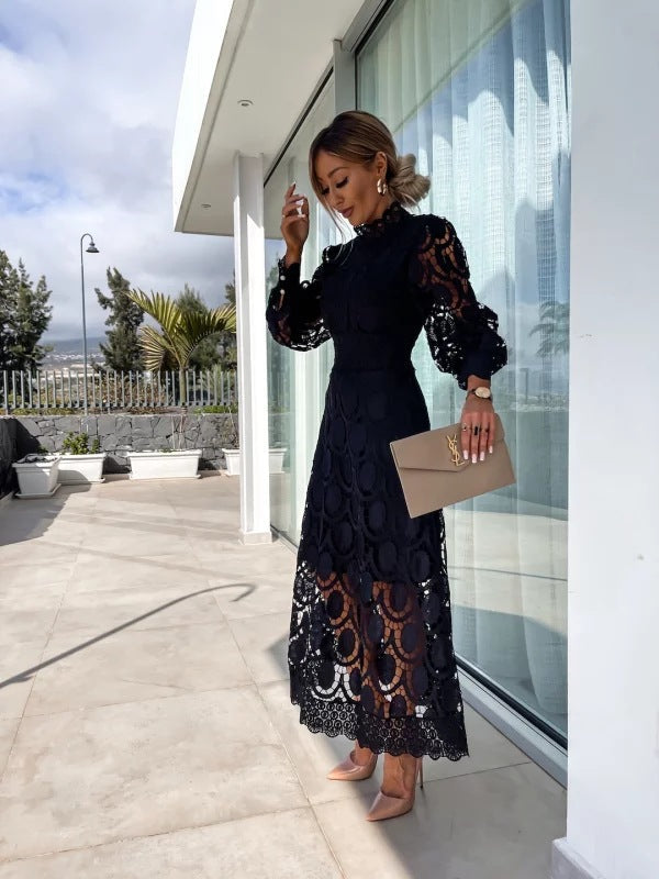 Damen Midikleid mit langen Ärmeln und hohen Hals für den Sommer