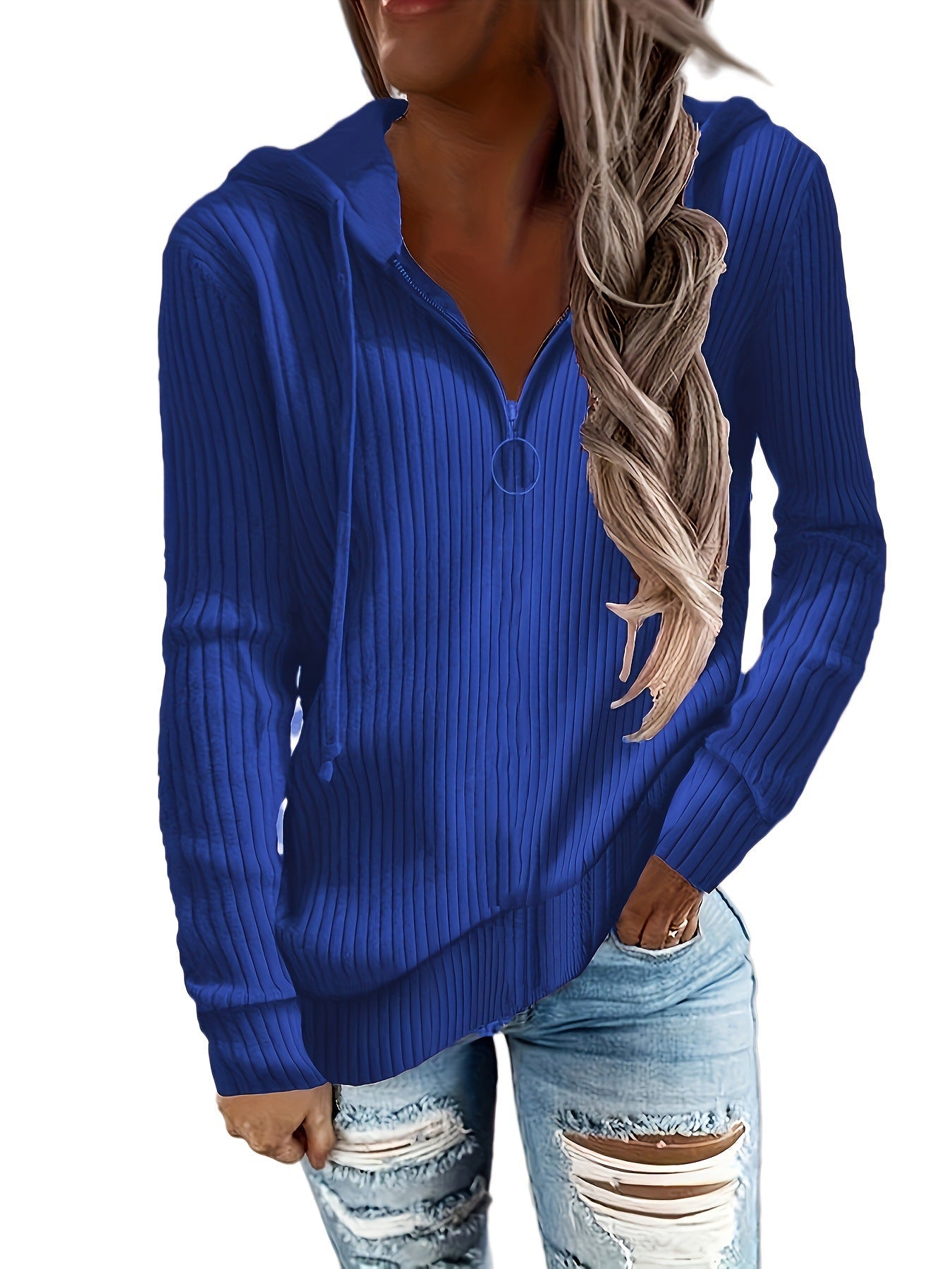 Damen Hoodie mit Reißverschluss und lässigem Rippenstrickdesign WW