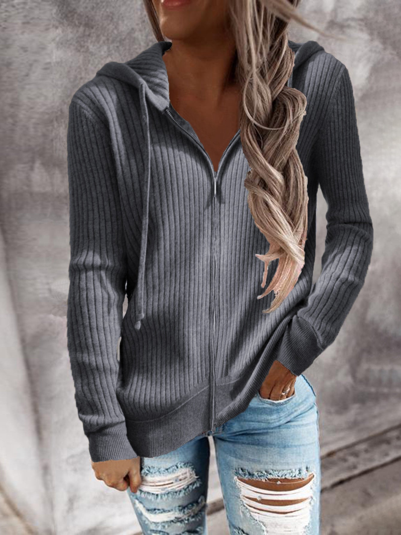 Damen sportliche Kapuzenjacke mit strukturierter Rippoptik und praktischen Taschen WW