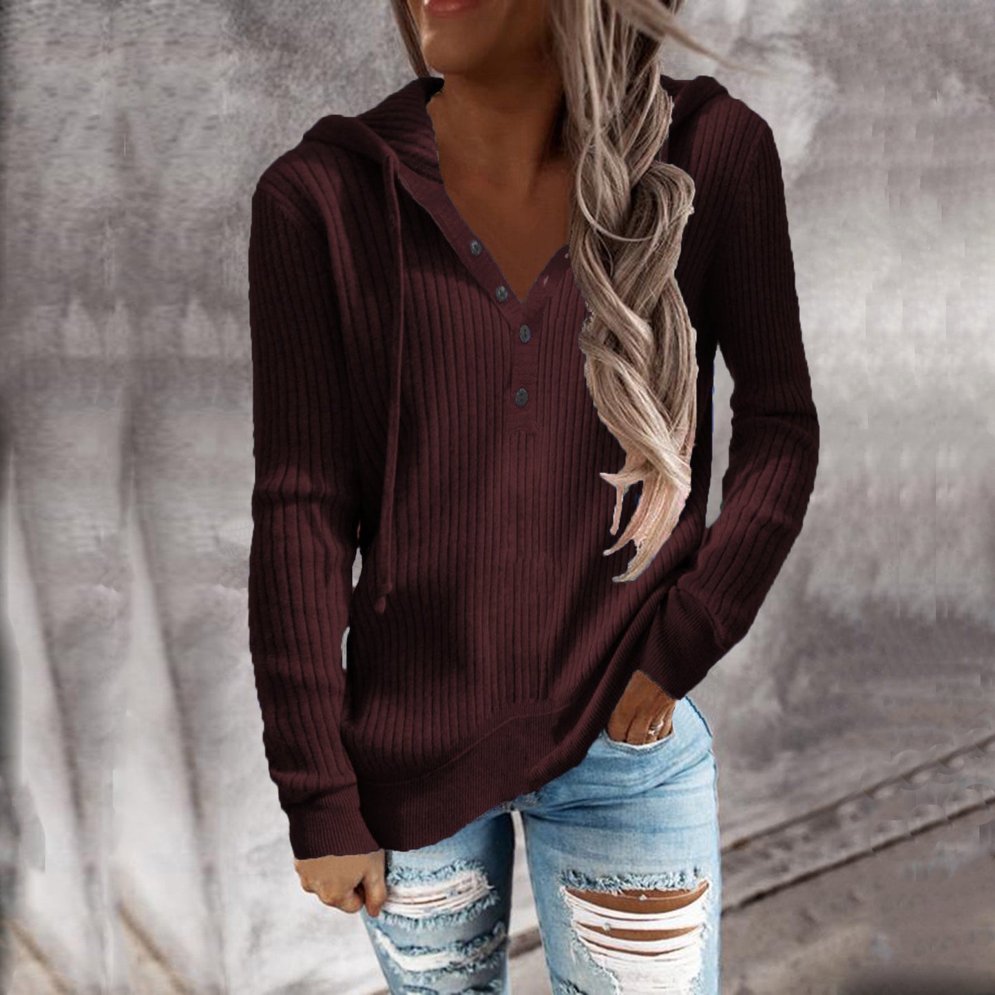 Damen Kapuzenpullover mit strukturiertem Rippdesign und praktischen Knopfdetails WW