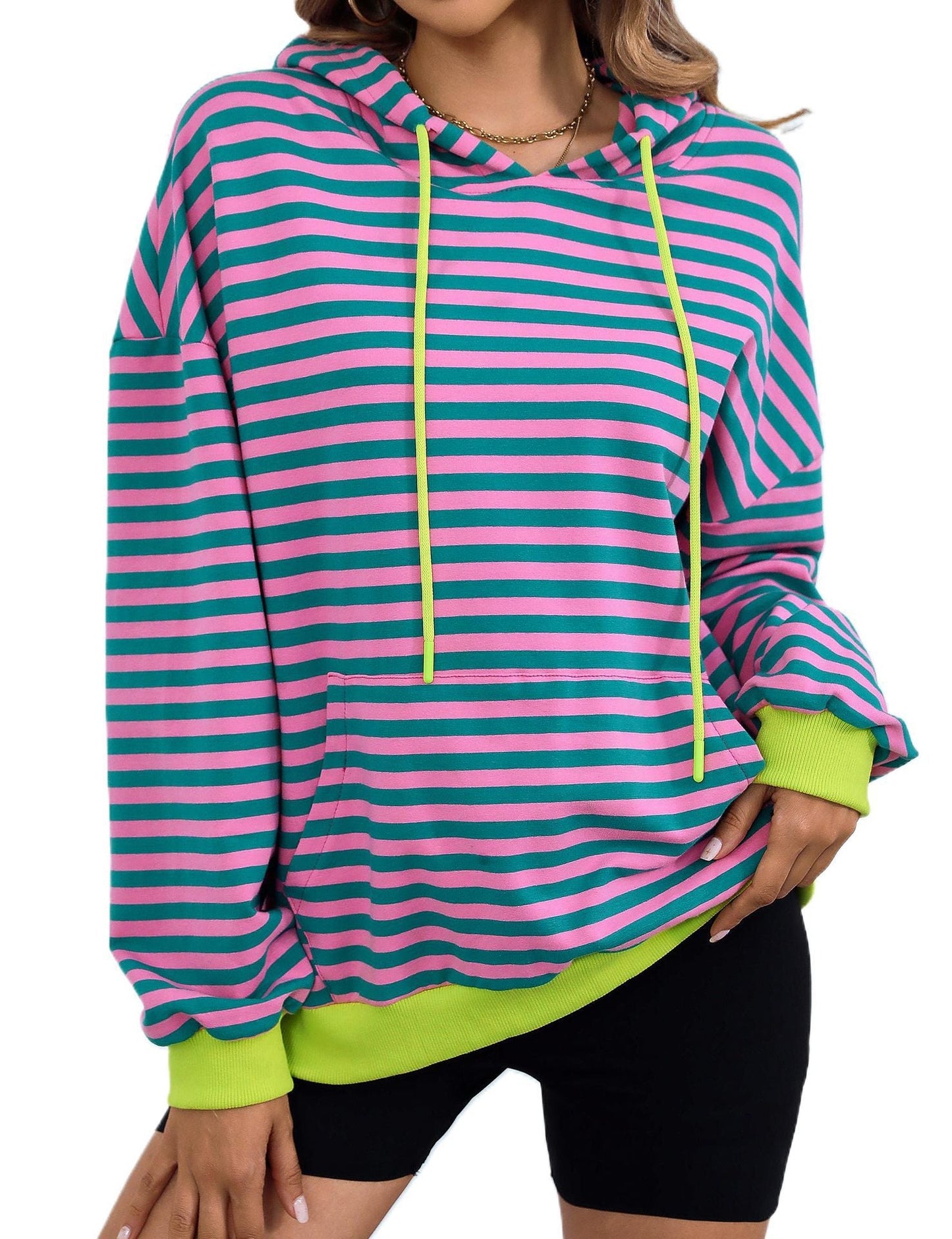 Damen gestreifter Kapuzenpullover mit stylischer Kängurutasche WW