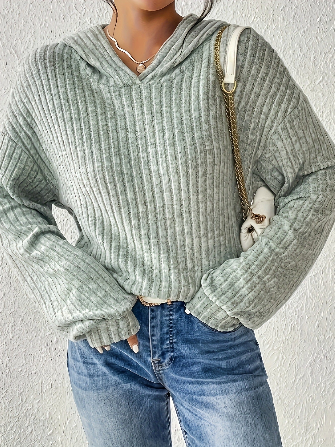 Damen lässiger Kapuzenpullover mit stilvollem Rippmuster und überschnittenen Ärmeln WW