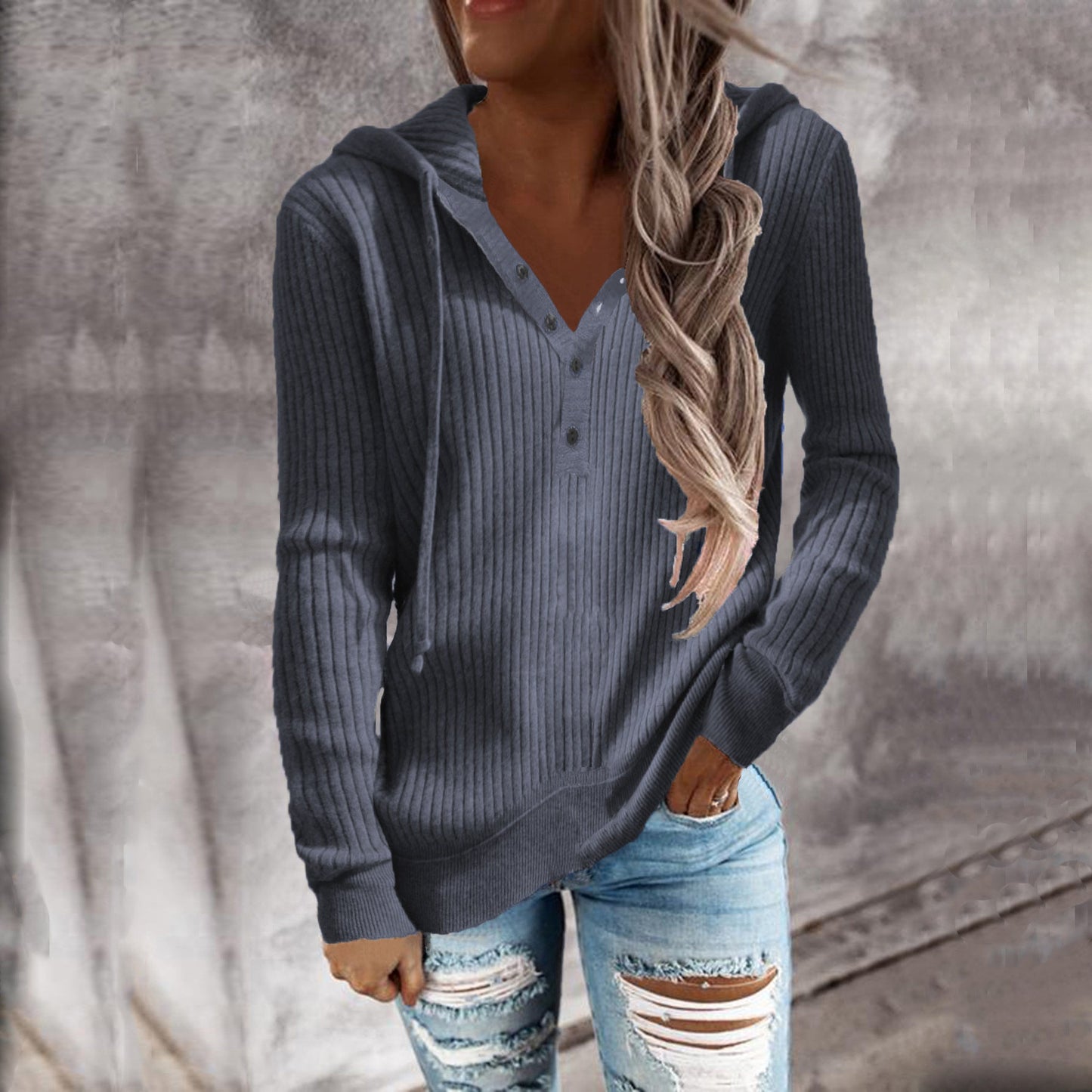 Damen Hoodie mit strukturiertem Rippmuster und knöpfbarem Ausschnitt WW