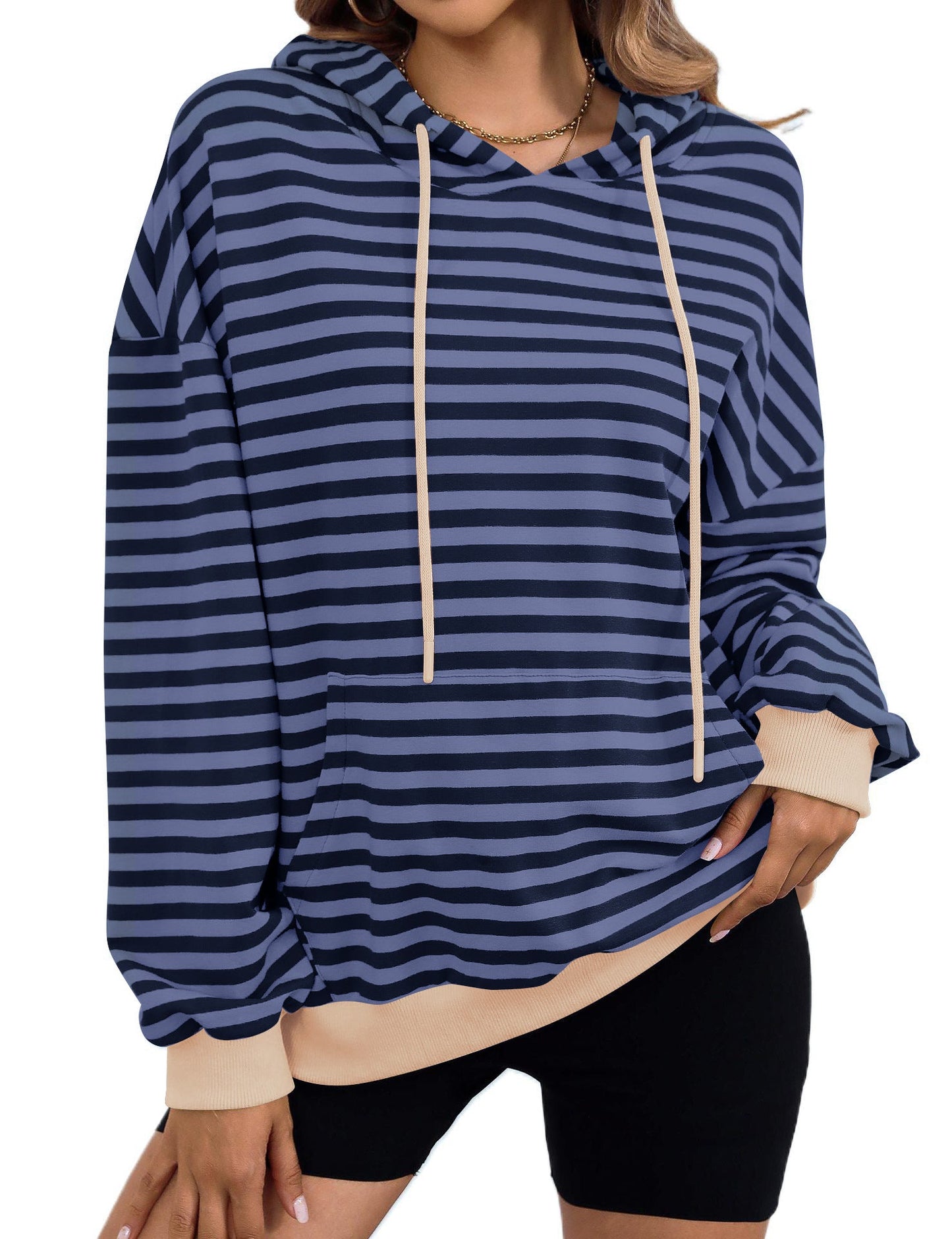 Damen gestreifter Kapuzenpullover mit stylischer Kängurutasche WW
