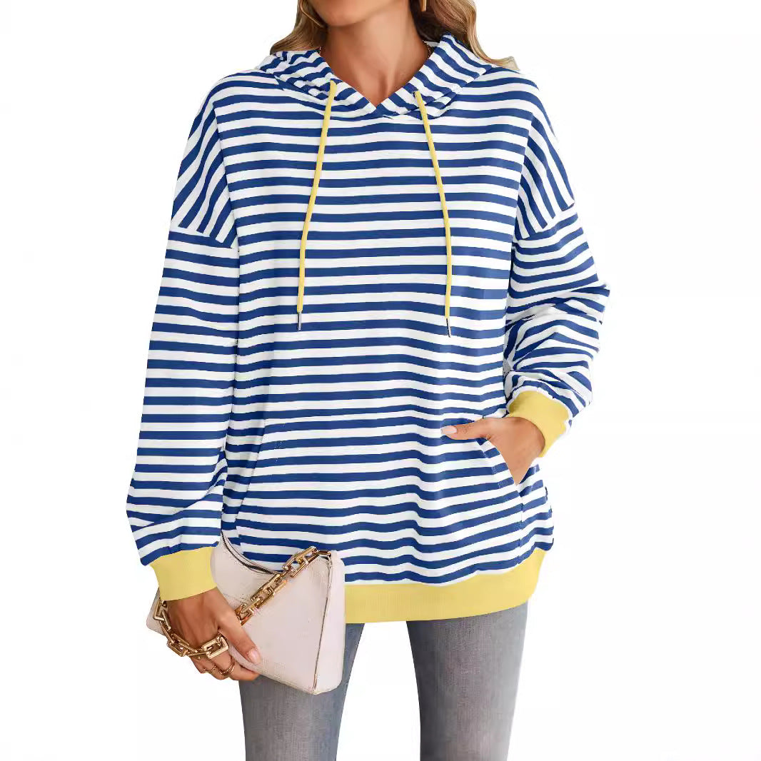 Damen gestreifter Kapuzenpullover mit stylischer Kängurutasche WW