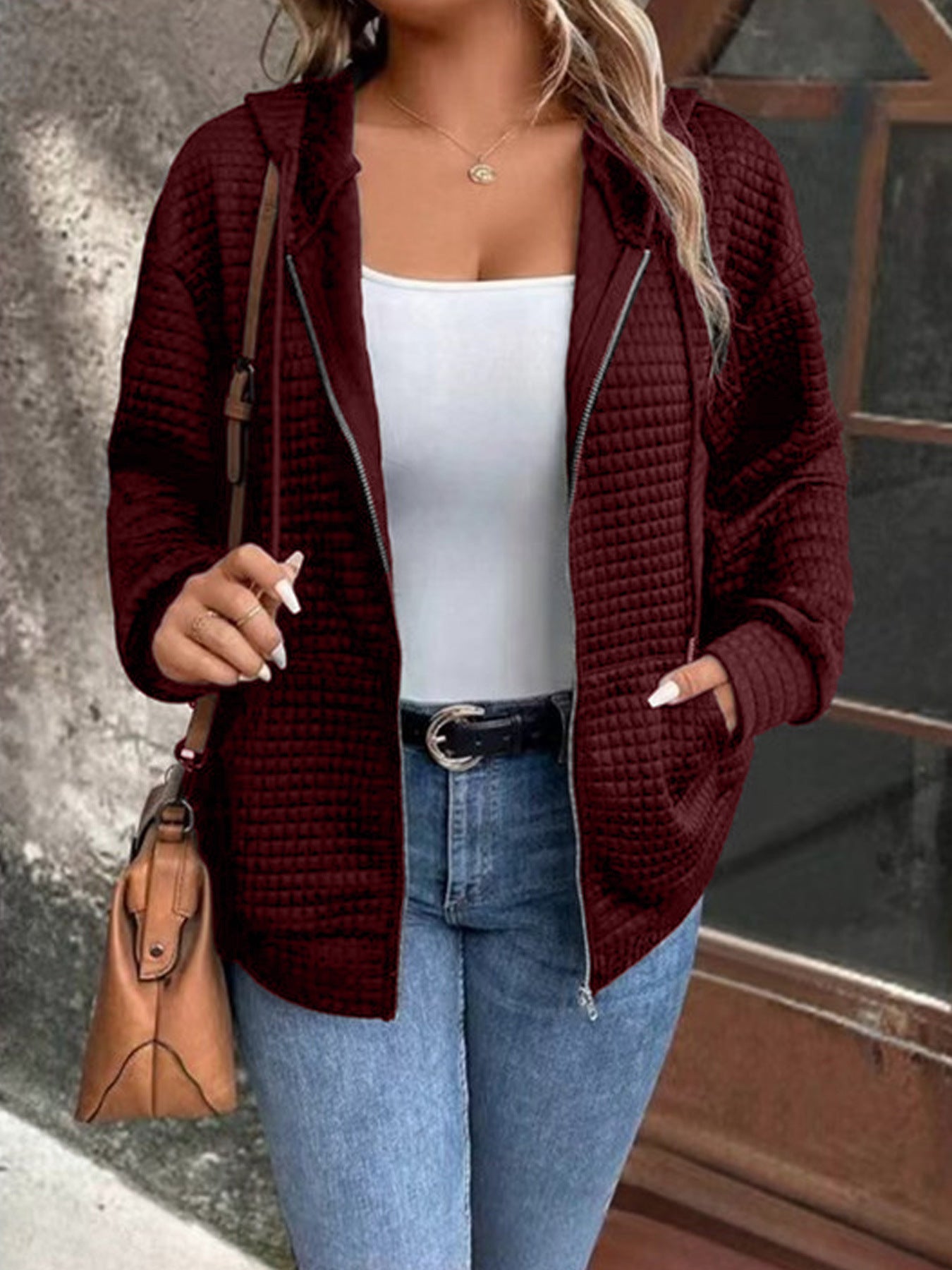 Damen gemütliche Kapuzenjacke aus strukturiertem Material WW