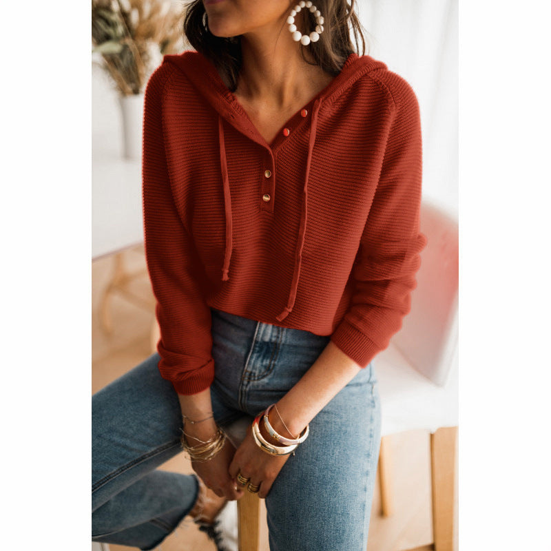 Damen cropped Kapuzenpullover mit strukturiertem Stoff und dekorativen Knöpfen WW