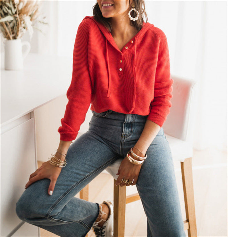 Damen cropped Kapuzenpullover mit strukturiertem Stoff und dekorativen Knöpfen WW