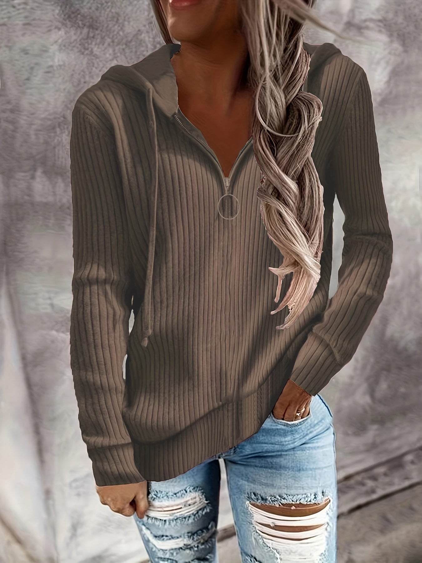 Damen Hoodie mit Reißverschluss und lässigem Rippenstrickdesign WW