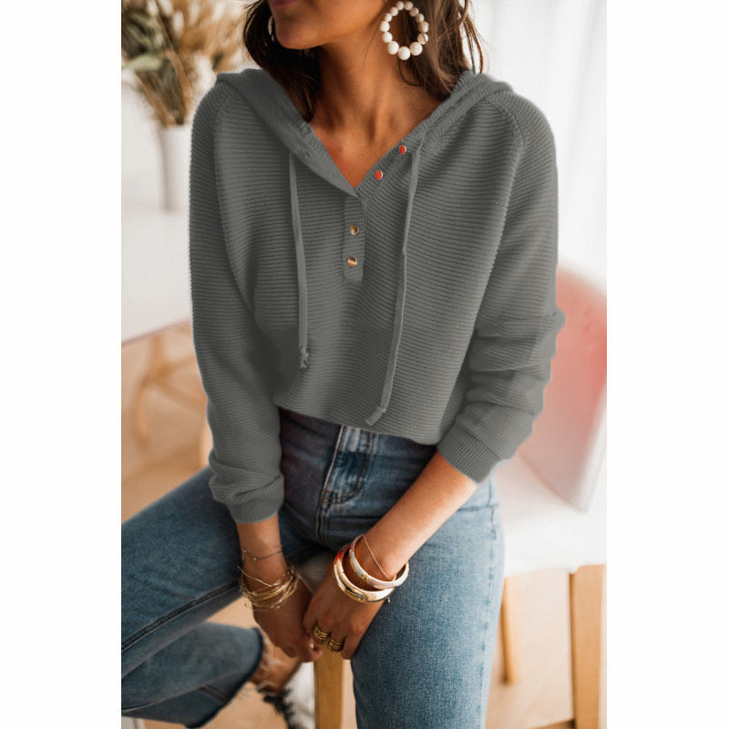 Damen cropped Kapuzenpullover mit strukturiertem Stoff und dekorativen Knöpfen WW