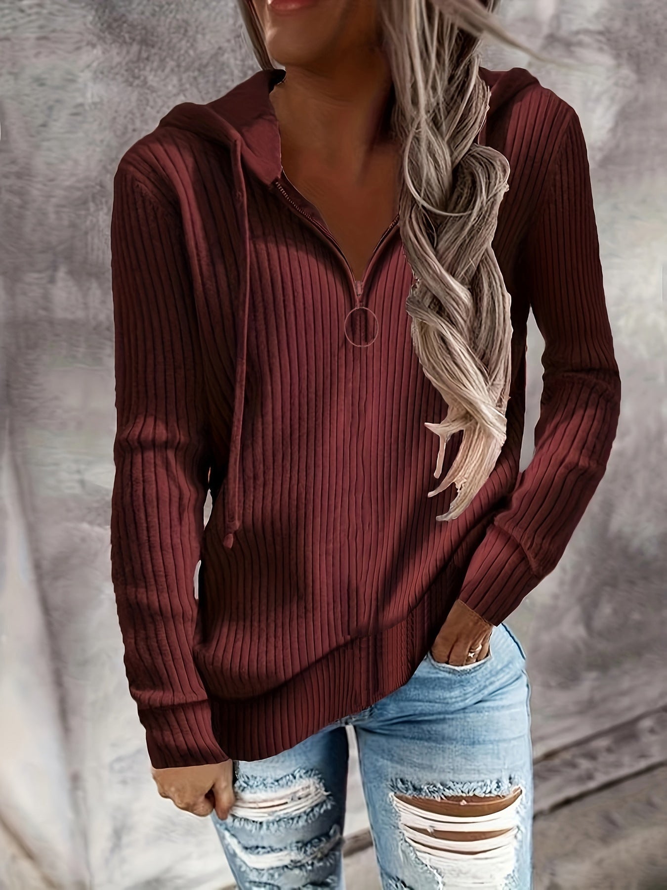 Damen Hoodie mit Reißverschluss und lässigem Rippenstrickdesign WW