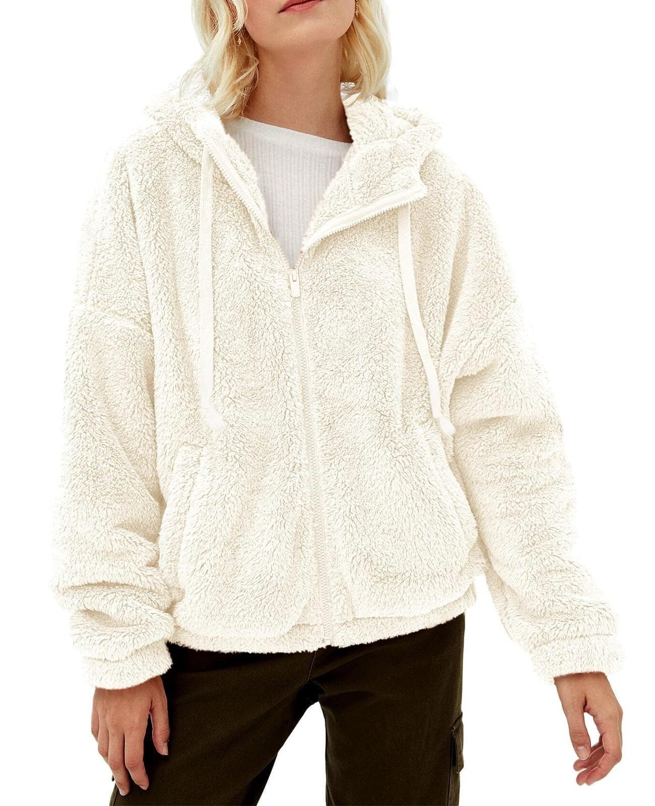 Damen Flauschige Kapuzenjacke mit praktischen Taschen und Reisverschluss WW