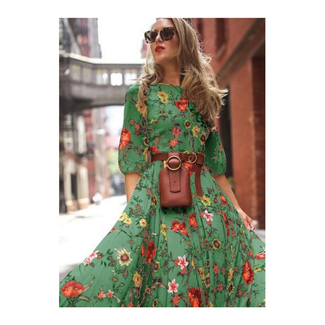 Elegantes Kleid Mit 3/4 Ärmeln Und Gürtel Für Damen | Maxi