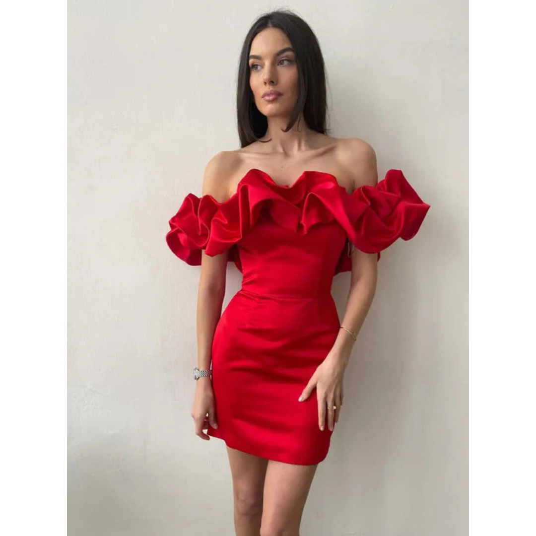 Damen Off Shoulder Rüschenärmel Stylisches Kleid | Mini