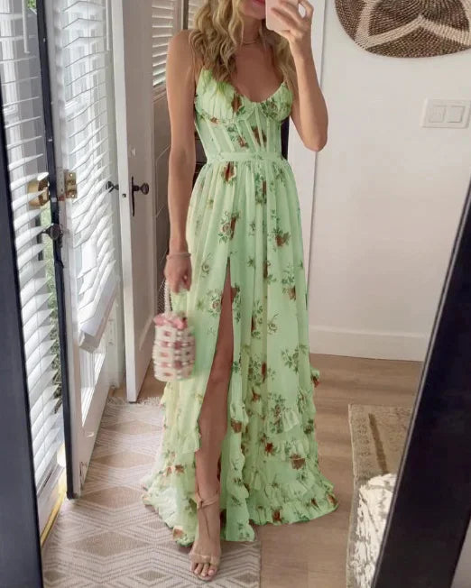 Damen ärmelloses Maxikleid mit Blumenmuster und Schlitz für den Sommer
