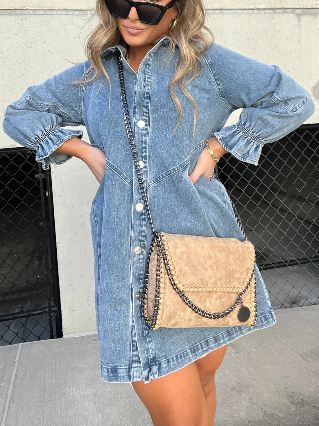 Denim Midi-Kleid für Frauen mit schickem Umlegekragen - Zorelyae