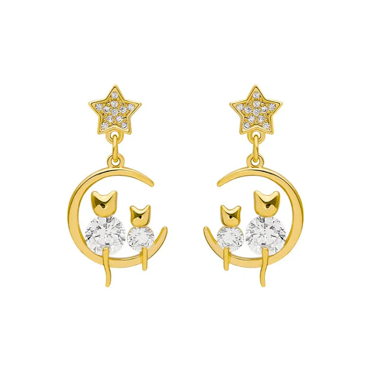 Goldene Katzenohrringe mit Zirkonia – Feline