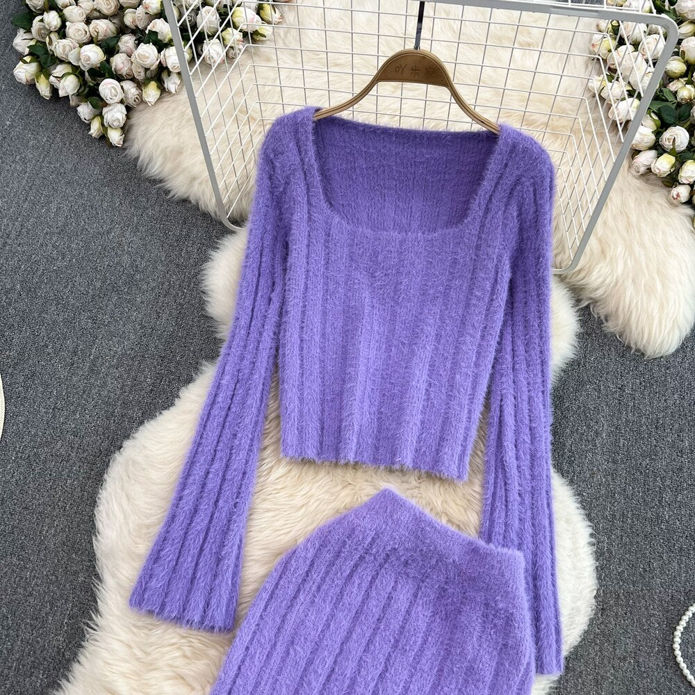 AubreysSet I 2-teiliges Set für Frauen I Rock mit hoher Taille und Pullover mit quadratischem Ausschnitt