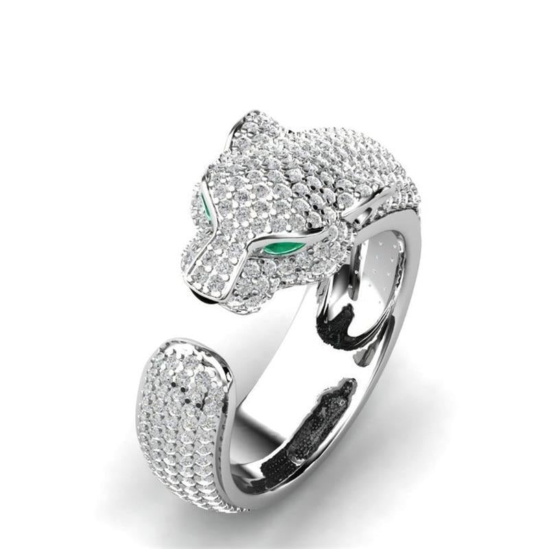 Verstellbarer Ring in 18K Silber und Roségold mit Grünen Zirkonia-Augen – Jaguar Ring